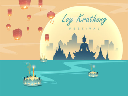 Loy krathong Festival Travel Thailand Poster Design Background Vector Illustration.  Chao Phraya River Holy Place in Thailand Background.のイラスト素材