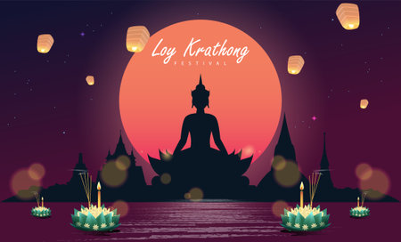 Loy krathong Festival Travel Thailand Poster Design Background Vector Illustration.  Chao Phraya River Holy Place in Thailand Background.のイラスト素材