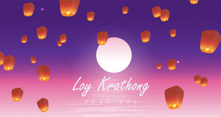 Loy krathong Festival Travel Thailand Poster Design Background Vector Illustration.  Chao Phraya River Holy Place in Thailand Background.のイラスト素材