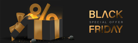 Black Friday Design Poster with 3D Realistic Black Gift Box Vector Illustration. Suitable for Poster, Banner,Sale Banner, Web Header, Flyer and Promotional Tag.のイラスト素材