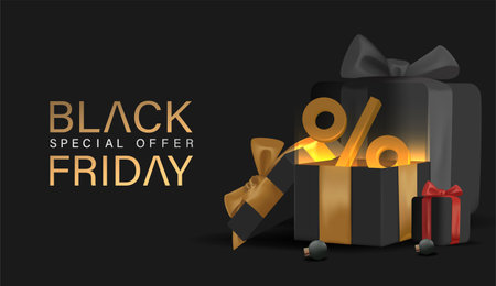 Black Friday Design Poster with 3D Realistic Black Gift Box Vector Illustration. Suitable for Poster, Banner,Sale Banner, Web Header, Flyer and Promotional Tag.のイラスト素材