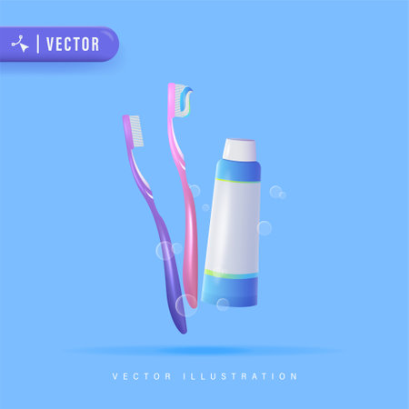 3D Realistic Dental and Oral Care with Toothbrush and Toothpaste Vector Illustration. Dental Hygiene. Products for Cleaning Teeth. Dental cleaning toolsのイラスト素材