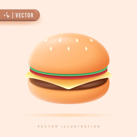3D Realistic Burger Vector Illustration for Poster Banner Template. Fast Food Design Element on Pastel Background.のイラスト素材