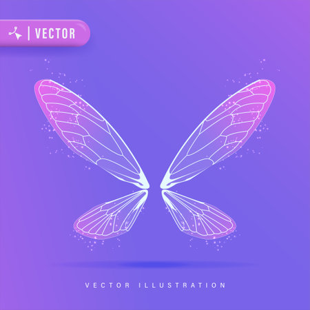3D Realistic Fairy Wing Isolated on Purple Background Vector Illustration.のイラスト素材