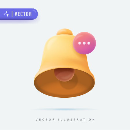 3D Realistic Yellow Bell Notification Vector Illustration. Bell Notification Logo, Icon or Symbol Isolated in White Background.のイラスト素材