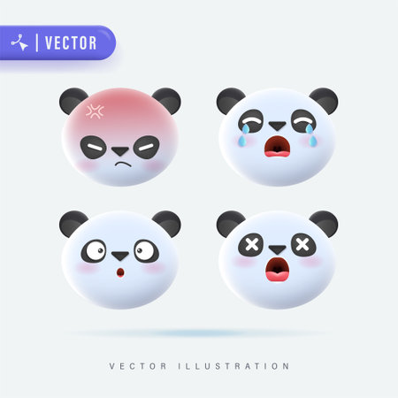 3D Realistic Vector Set Of Cute Cartoon Little Panda Icons with Various Facial Expression Isolated in White Background. Simple and Minimal Panda Cub Face Icon Setのイラスト素材