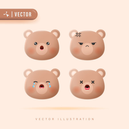 3D Realistic Bear Face Emotions Set with Various Facial Expression Vector Illustration. Cute Bear Character Design.のイラスト素材