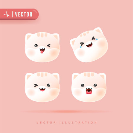 3D Realistic Vector Set Of Cute Cartoon Cat Icons with Various Facial Expression Isolated in Peach Background. Simple and Minimal Kitty Face Icon Setのイラスト素材