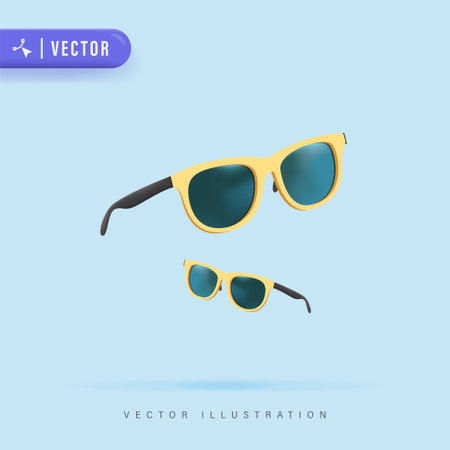 3D Realistic Yellow Sunglasses Vector Illustration. Vacation Concept. Summer Sunglasses. Vector summertime illustration. Fashion eyewear accessory design.のイラスト素材
