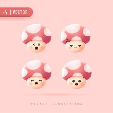 Emoji Set with Various Facial Expression Cute Mushroom Face Vector Illustration. Mushroom Head with Red Polkadot Pattern. 3D Realistic Cute Mushroom Collection.のイラスト素材