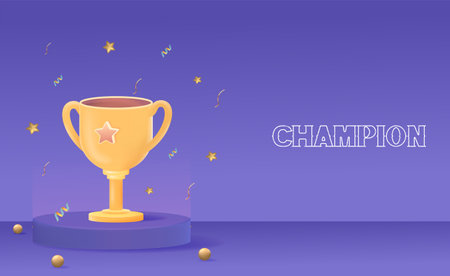 Champion Concept Design with Golden Trophy and Confetti on Minimal 3D Podium Vector Illustration. 3D Award ceremony concept.のイラスト素材