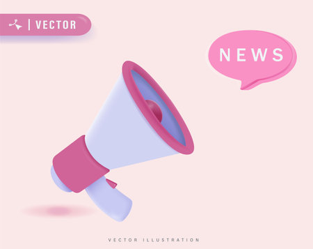News Concept with Huge Pink Megaphone and Bubble Design Vector Illustration. Concept of join us, job vacancy and announcement in modern flat cartoon style designのイラスト素材