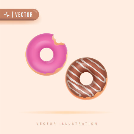 3D Realistic Donut with Strawberry and Chocolate Glaze Vector Illustration. View from aboveのイラスト素材