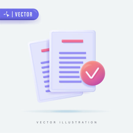 3D Realistic Document Icon in  Isolated Background Vector Illustration. Stack of Paper Sheets. Confirmed or Approved Document. Business icon. Contract Paper Icon.のイラスト素材