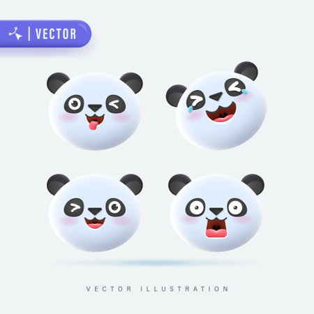 3D Realistic Vector Set Of Cute Cartoon Little Panda Icons with Various Facial Expression Isolated in White Background. Simple and Minimal Panda Cub Face Icon Setのイラスト素材