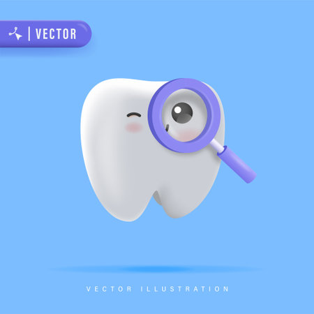 Happy Healthy Tooth Character with Magnifying Glass Vector Illustration. Clean and White Tooth Cartoon.のイラスト素材