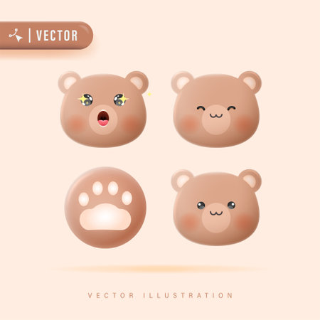 3D Realistic Bear Face Emotions Set with Various Facial Expression Vector Illustration. Cute Bear Character Design. Vector Set Of Cute Cartoon Bear Icons Isolated.のイラスト素材