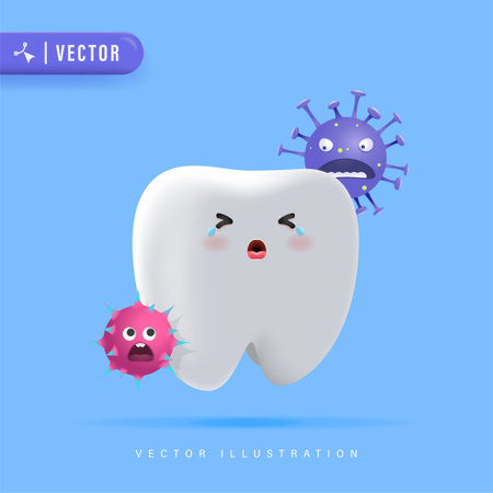Tooth Character Cries Because of Germs. Tooth Decay Vector Illustration for Children Dental Clinic Poster Template Design. Cracked or Broken Teeth Illustration.のイラスト素材