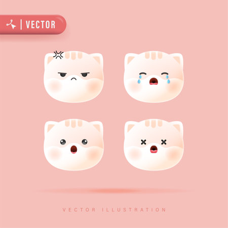 3D Realistic Vector Set Of Cute Cartoon Cat Icons with Various Facial Expression Isolated in Peach Background. Simple and Minimal Cat Face Icon Setのイラスト素材