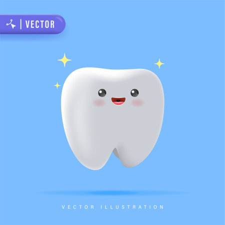 3D realistic happy tooth vector illustration. Cartoon dental character. Cute dentist mascot. Oral health and dental inspection teeth. Medical dentist tool.のイラスト素材