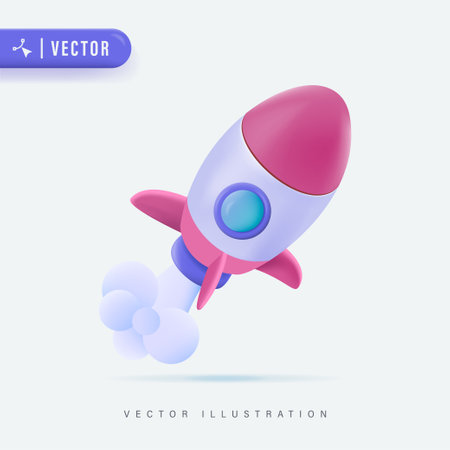 Flying space rocket 3d Realistic. Spaceship launch. Rocket 3d icon, logo or symbol. Logo ship. Vector illustration. Rocket flying over cloud,Rocket launch.のイラスト素材