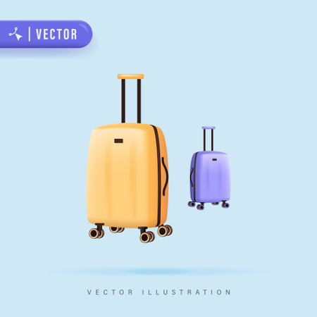 3D Realistic Cartoon Colored Suitcases on Wheels Vector Illustration. Travel suitcases, business cases.のイラスト素材