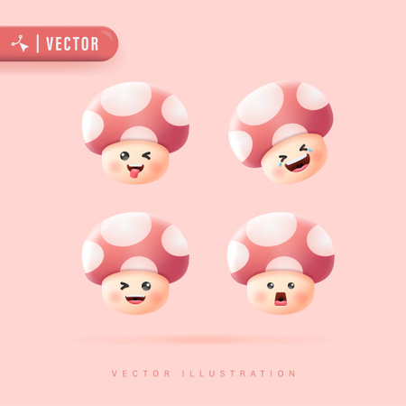 Emoji Set with Various Facial Expression Cute Mushroom Face Vector Illustration. Mushroom Head with Red Polkadot Pattern. 3D Realistic Cute Mushroom Collection.のイラスト素材