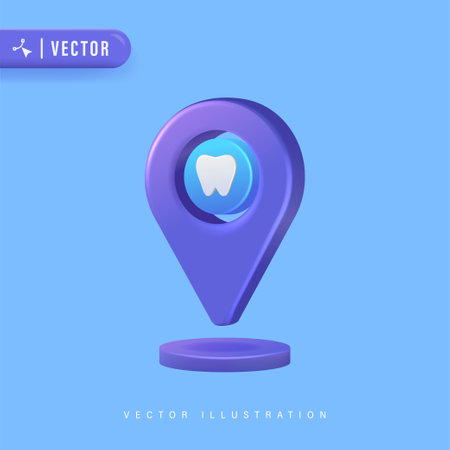 Dental Clinic Location Concept with 3D Realistic Cute Tooth and Location Icon Isolated on Blue Background Vector Illustration. Dental Point Logo Design Templateのイラスト素材