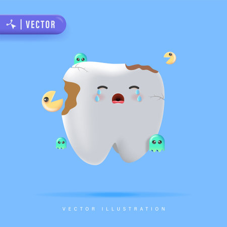 Tooth Character Cries Because of Germs. Tooth Decay Vector Illustration for Children Dental Clinic Poster Template Design. Cracked or Broken Teeth Illustration.のイラスト素材