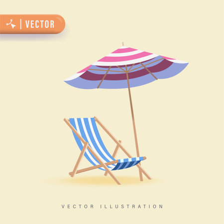3dD Realistic vector vacation icon beach sunbed with umbrella, wooden deck chair. Summertime relax. Sun lounger. Beach umbrella, beach chair.のイラスト素材