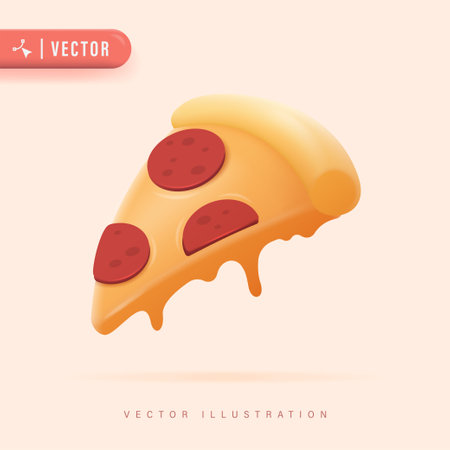 Slice of Pizza with Melted Cheese and Pepperoni Vector Illustration. Pizza Icon and Logo Design. Suitable for Poster Banner and Template.のイラスト素材