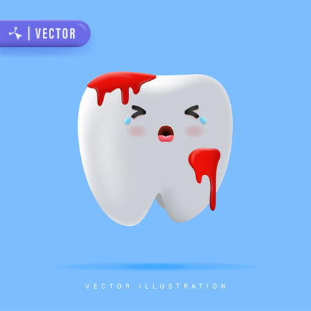 3D Realistic Bleeding Teeth Vector Illustration. Suitable for Children Dentistry Clinic Poster Design.のイラスト素材