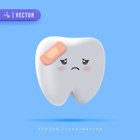 3D Realistic Sad Tooth with Plaster Isolated on Blue Background, Toothache Cartoon Character Concept Vector Illustration.のイラスト素材
