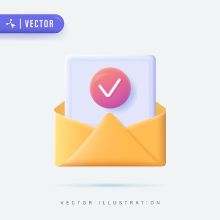 Opened Light Yellow Envelopes on White Background Vector Illustration. 3D Realistic Unfolded Envelope Logo,Icon or Symbol Cartoon. Check mark icon. Approvement concept.のイラスト素材