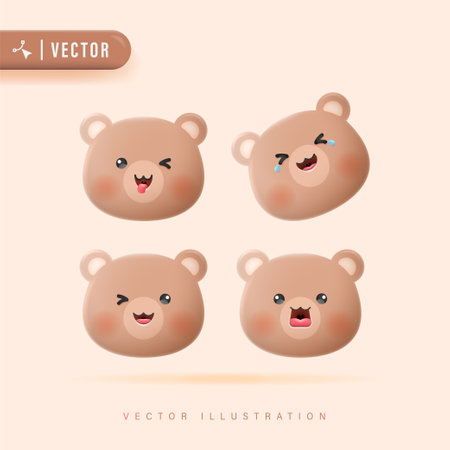 3D Realistic Bear Face Emotions Set with Various Facial Expression Vector Illustration. Cute Bear Character Design.Icons Isolated.のイラスト素材