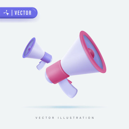 Two 3D Realistic Megaphone Vector Illustration Isolated Background. Loudspeaker Cartoon Logo Icon and Symbol. Social Media Marketing Concept.のイラスト素材