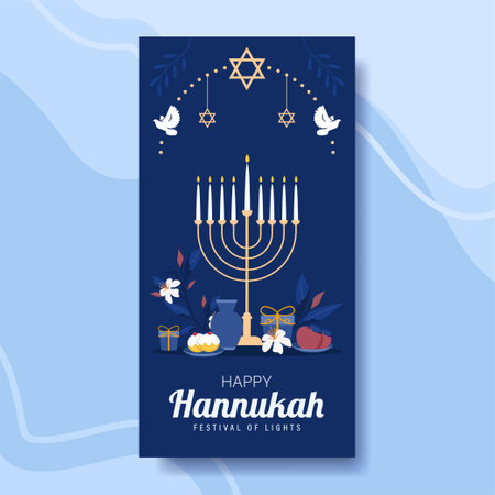 Happy Hanukkah, Jewish Festival of Lights Poster. Religious Festive Symbols Vector Illustration.のイラスト素材