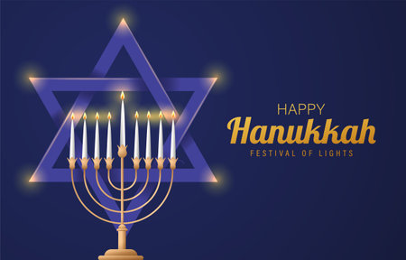 Happy Hanukkah, Jewish Festival of Lights Poster. Religious Festive Symbols Vector Illustration.のイラスト素材