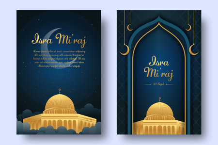 Al-Isra wal Mi'raj Translate: The night journey Prophet Muhammad Vector Illustration For Poster Template and Flyer, Simple Background of Isra Mi'raj Ceremonyのイラスト素材