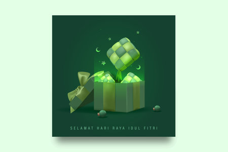 Eid Mubarak 3D Realistic Design, Open gift box full of 3D Realistic Ketupat, Eid Al Fitr gifts box realistic 3d designのイラスト素材