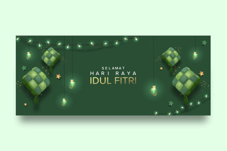 Selamat Hari Raya Idul Fitri Meaning : Happy Eid Mubarak. Eid Mubarak Template with 3D Realistic Ketupat Vector Illustartion, Eid Al Fitr with Islamic Ornamentのイラスト素材