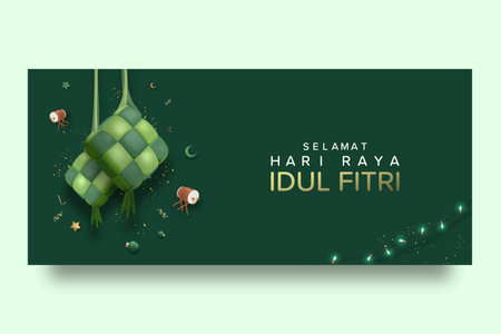 3D Realistic Hanging Ketupat in Green Monotone Background suitable for Eid Mubarak Template Vector Illustrationのイラスト素材
