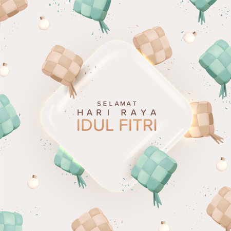 Selamat Hari Raya Idul Fitri Meaning : Happy Eid Mubarak. 3D Realistic Ketupat with Pastel Color in One Color Background suitable for Eid Mubarak Greeting  Cardのイラスト素材