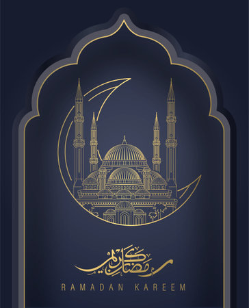 Ramadhan Kareem Design with Mosque Line Art Background Vector illustrationのイラスト素材