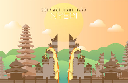 Happy Bali's Day of Silence and Hindu New Year Vector Illustration, Nyepi Day and Hari Raya Saka, Hindu Ceremonyのイラスト素材