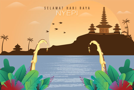 Happy Bali's Day of Silence and Hindu New Year Vector Illustration, Nyepi Day and Hari Raya Saka, Hindu Ceremonyのイラスト素材