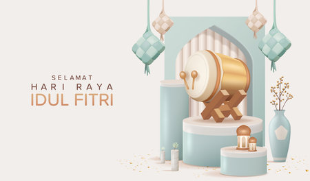 Happy Eid Mubarak. Cute Boy and Girl for Greetings Marhaban Ya Ramadan Vector Illustration. 3D Realistic Ramadan Kareem Poster Designのイラスト素材