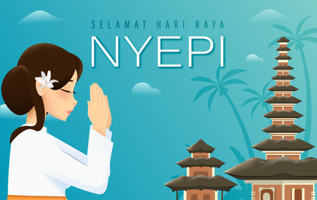 Bali's Day Of Silence And Hindu New Year Vector Illustration fit for Poster Banner and Template, Indonesain Bali's Nyepi Dayのイラスト素材