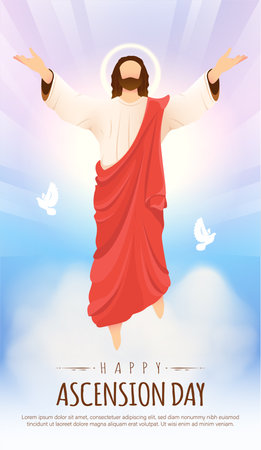 Happy Ascension Day Design with Jesus Christ in Heaven Vector Illustration.  Illustration of resurrection Jesus Christ. Sacrifice of Messiah for humanity redemption.のイラスト素材