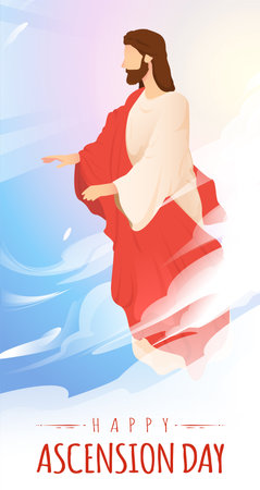 Happy Ascension Day Design with Jesus Christ in Heaven Vector Illustration.  Illustration of resurrection Jesus Christ. Sacrifice of Messiah for humanity redemption.のイラスト素材